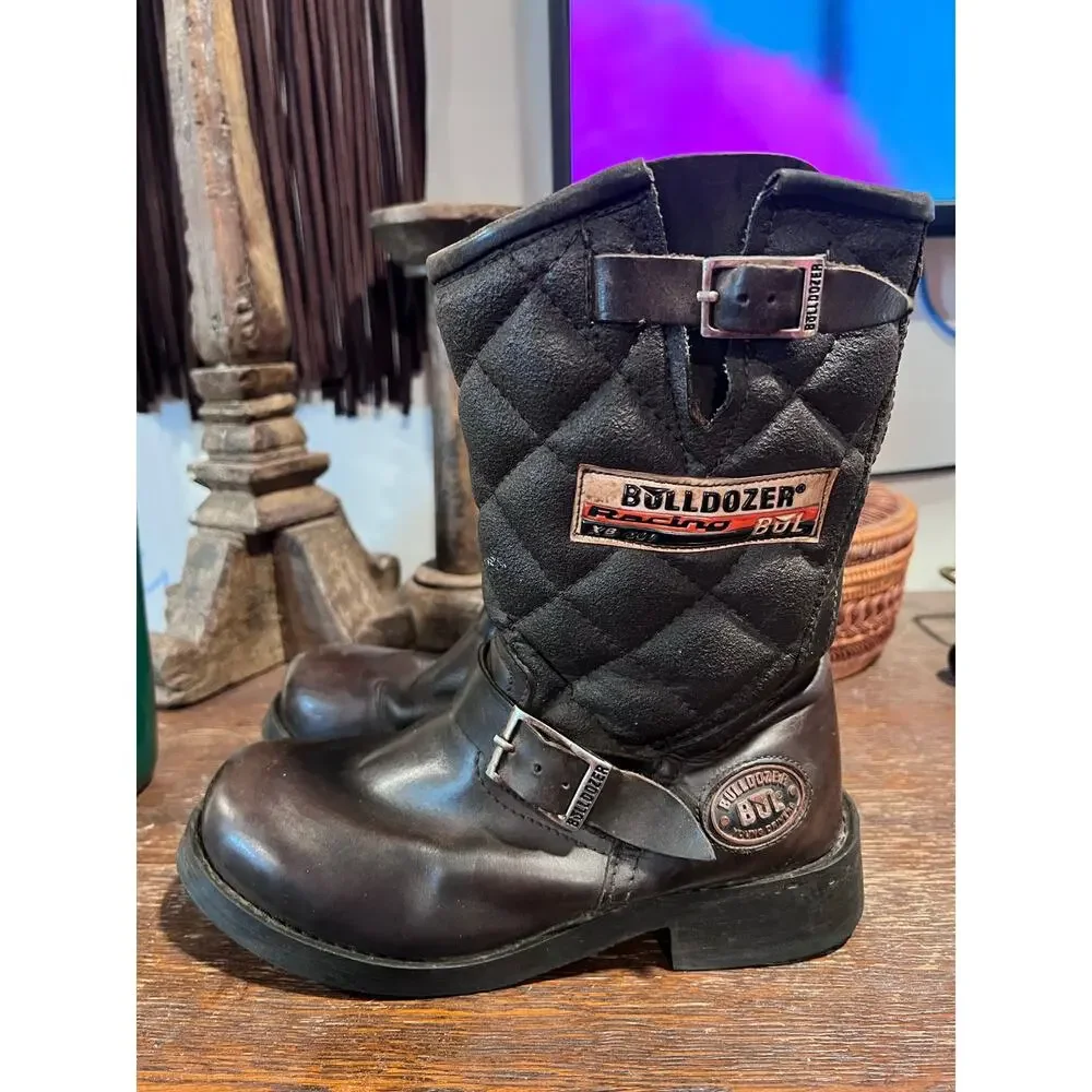 Vintage Buldozer Racing quilted leather biker boots Brown Size 38 7.5